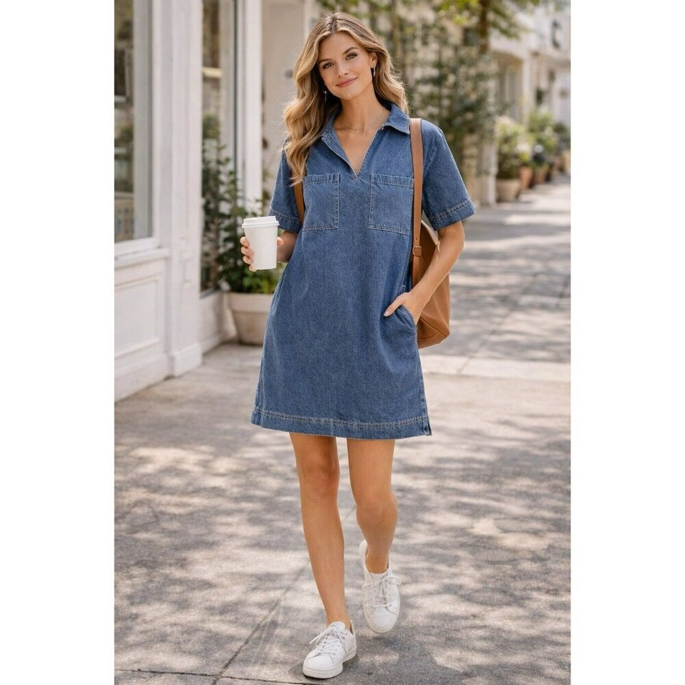 Denim Shift Dress Medium Blue Cotton Collared Pocket Casual Mini - Picture 1 of 8